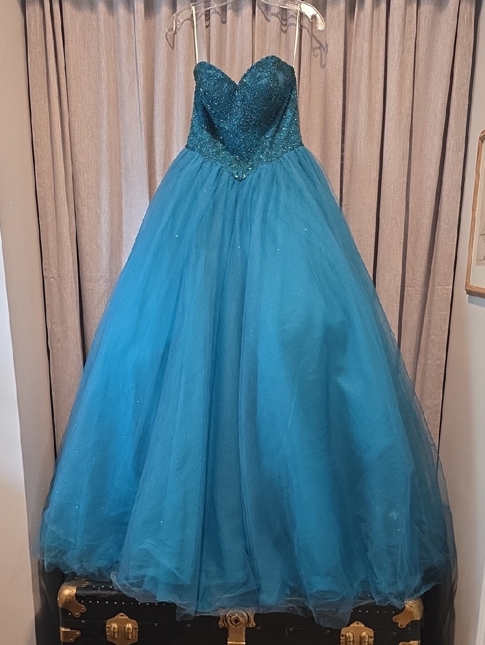 Alyce Paris Turquoise Strapless Crystal Beaded Sweetheart Corset Ball Gown Dress